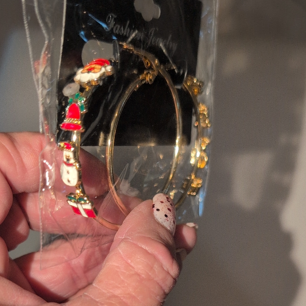 Festive Gold Christmas Themed Hoop Earrings New